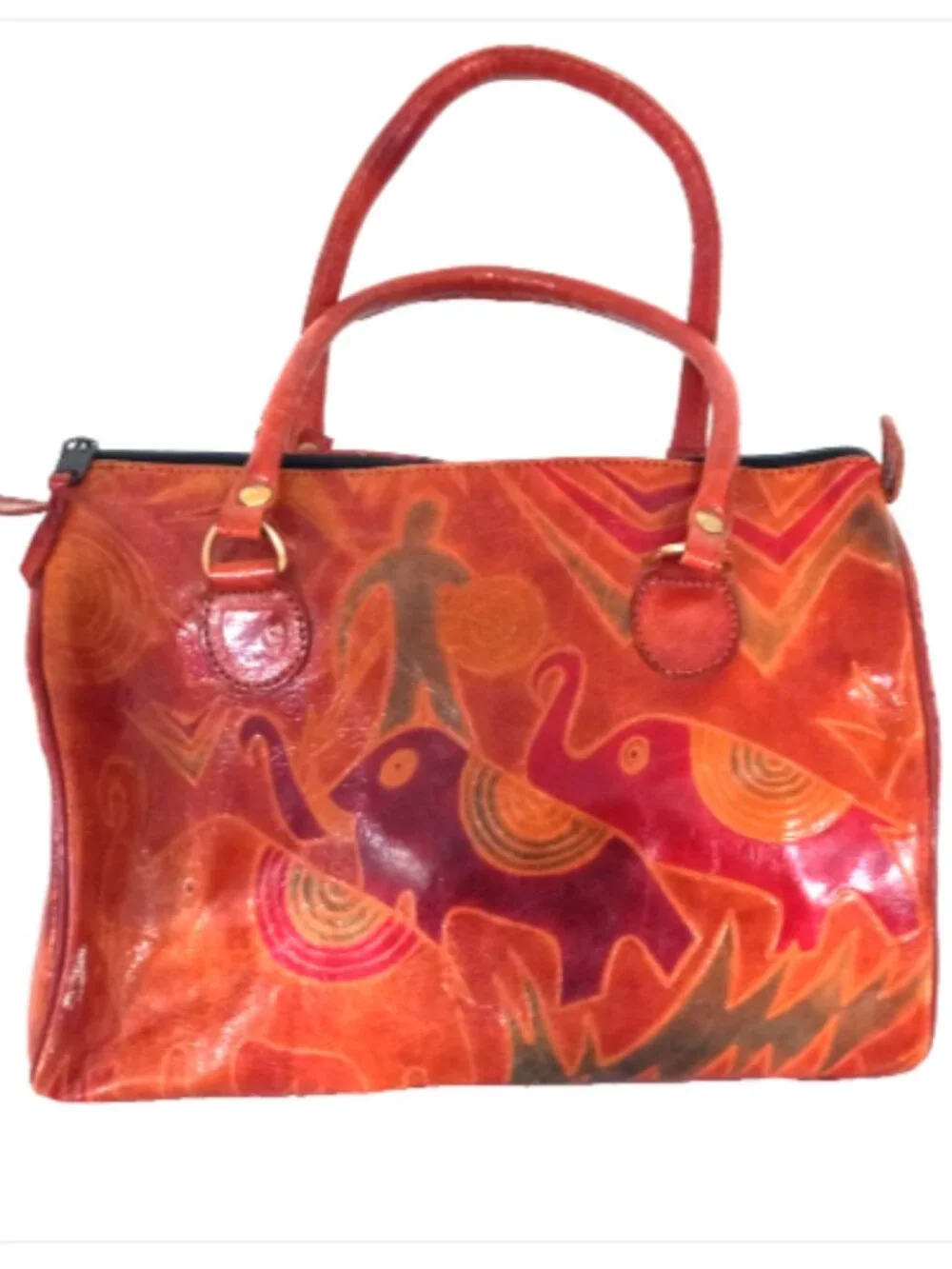 VTG Hand Painted Leather Elephant Satchel Bag India Boho Artisan Jungle Purse